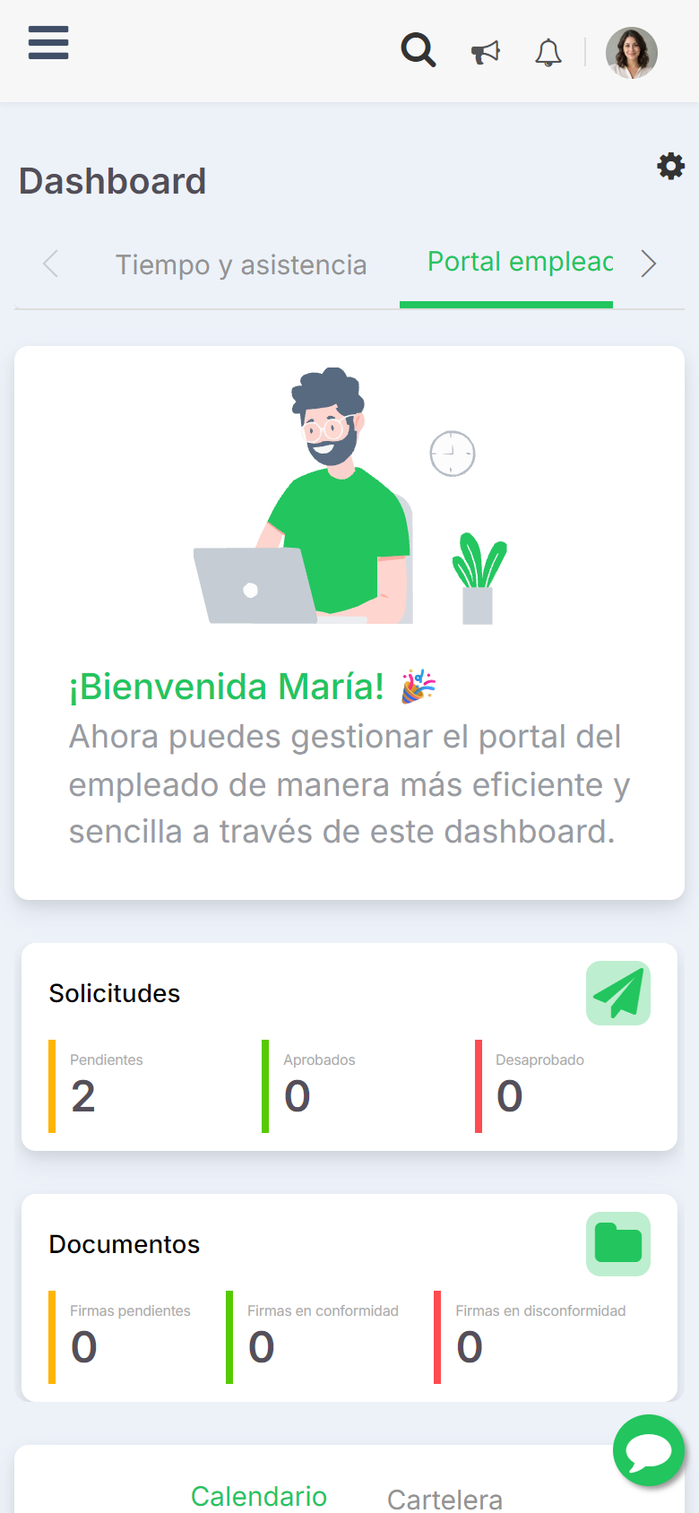 Vista móvil actual de Quickpass: portal del empleado, solicitudes y documentos