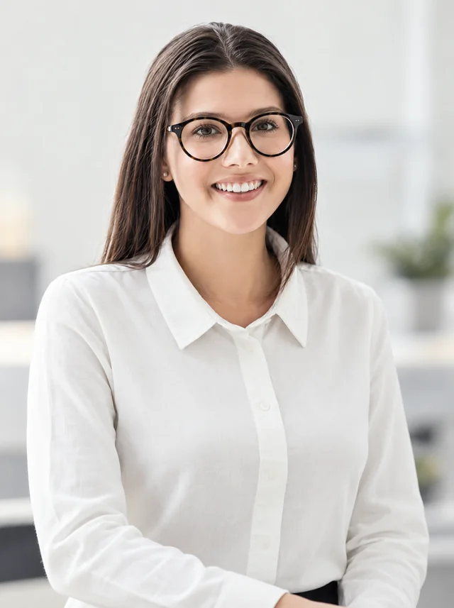 Colaboradora sonriendo en su espacio de trabajo