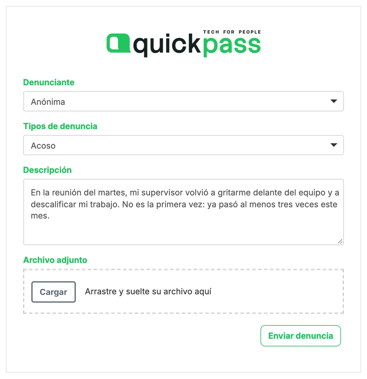 Formulario de denuncia anónima con tipo de reporte, descripción y adjunto