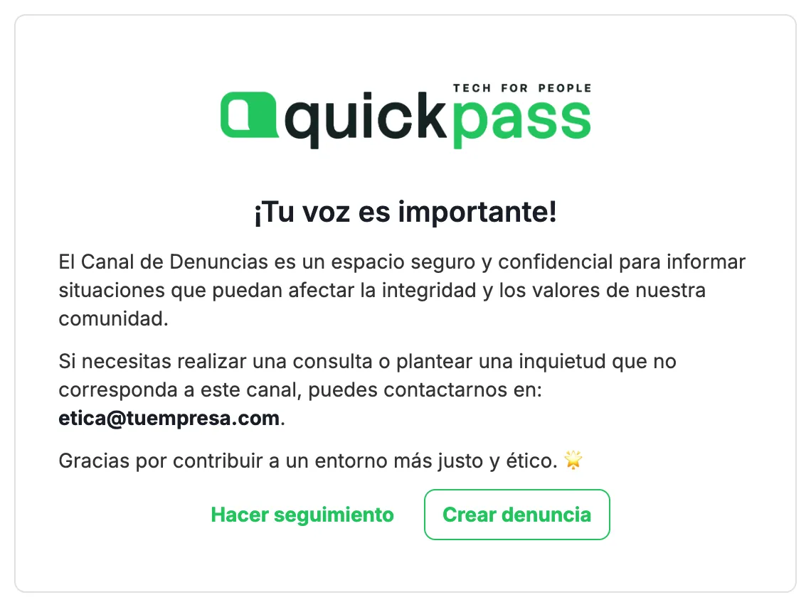 Página pública del canal de denuncias con las opciones Hacer seguimiento y Crear denuncia
