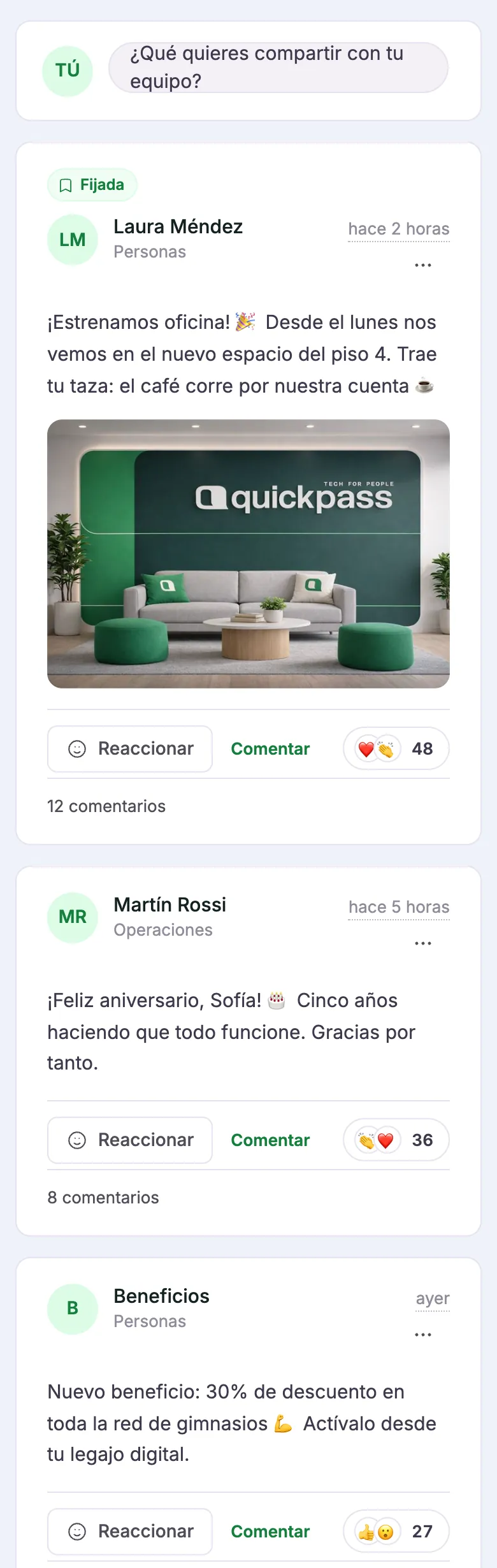 Muro de QPeople con publicaciones, reacciones y comentarios en el celular